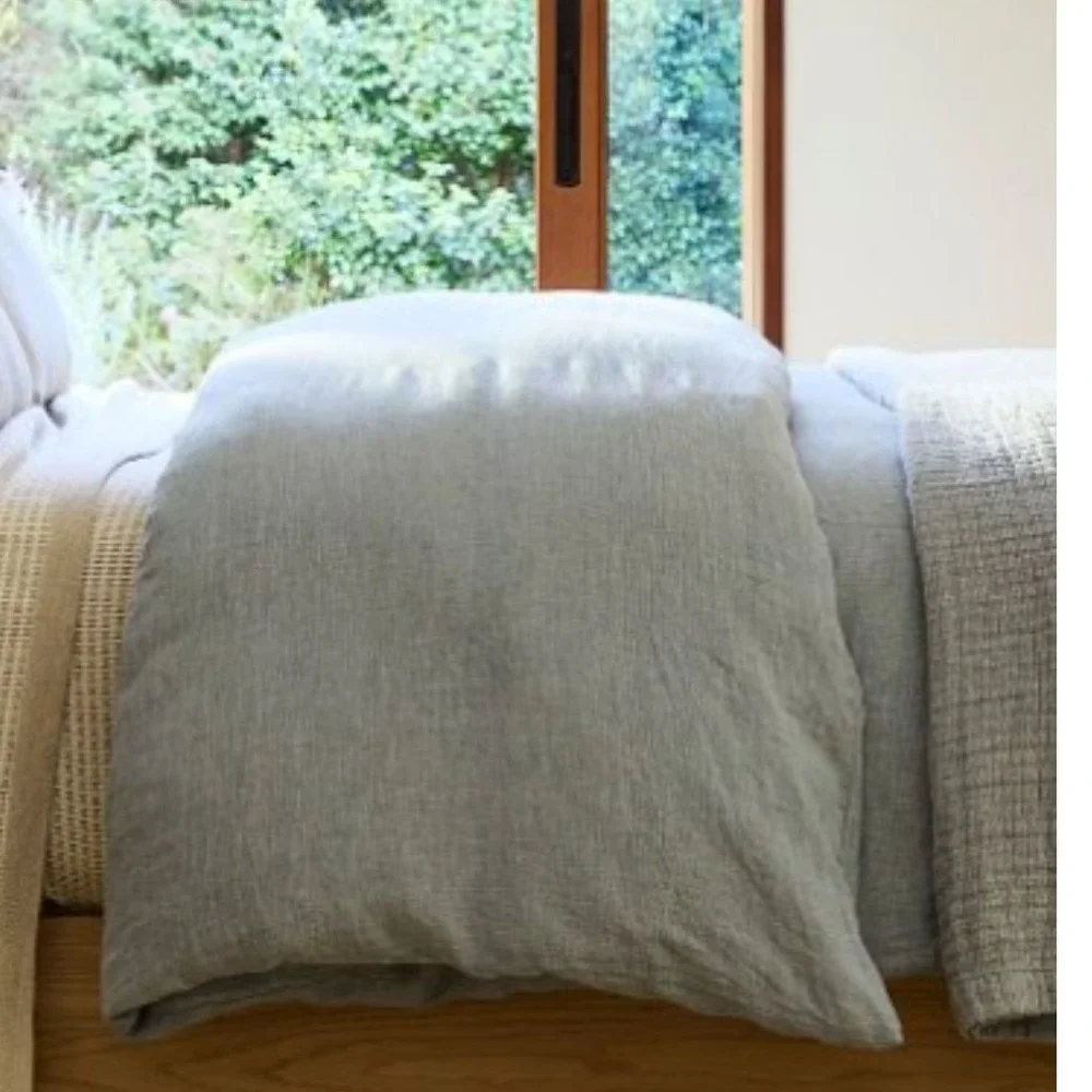 West Elm Flax Linen Duvet Cover Set Chambray Melange King Cal King Blue Gray